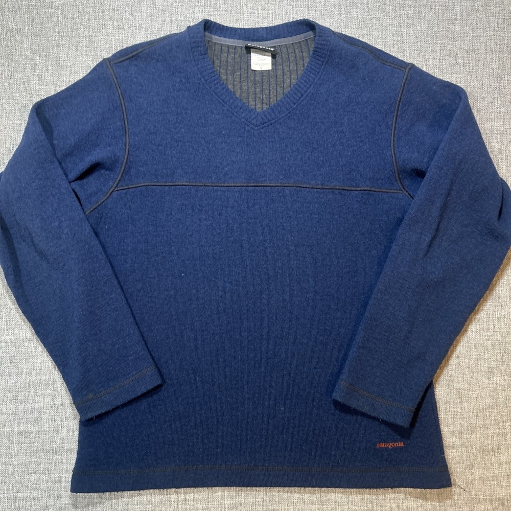 Vintage Patagonia Men's Channel Wool Sweater Medium Navy Blue Made In USA Crew